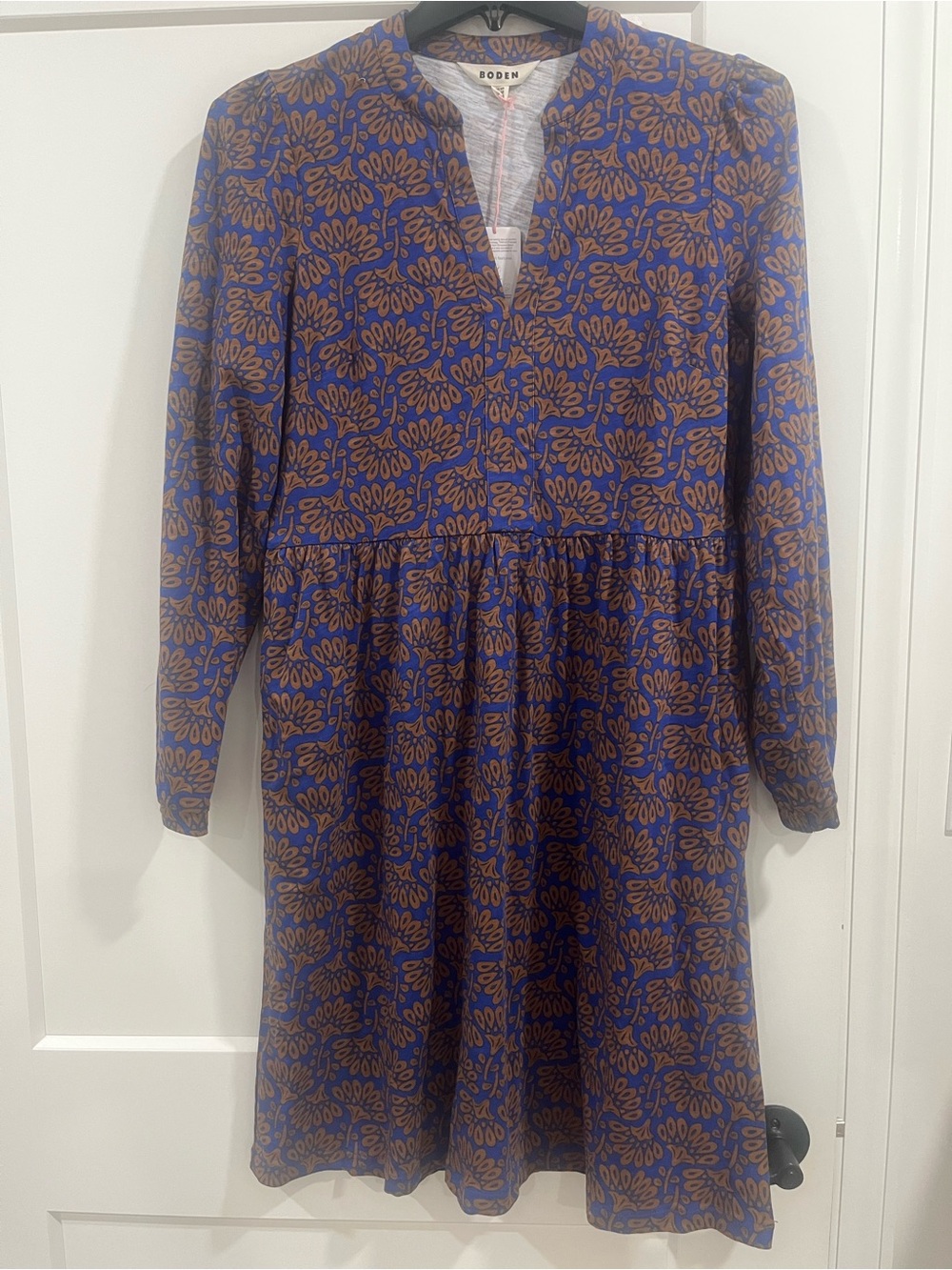 Boden Naomi jersey Blue and Brown Printed V-Neck Long Sleeve Dress